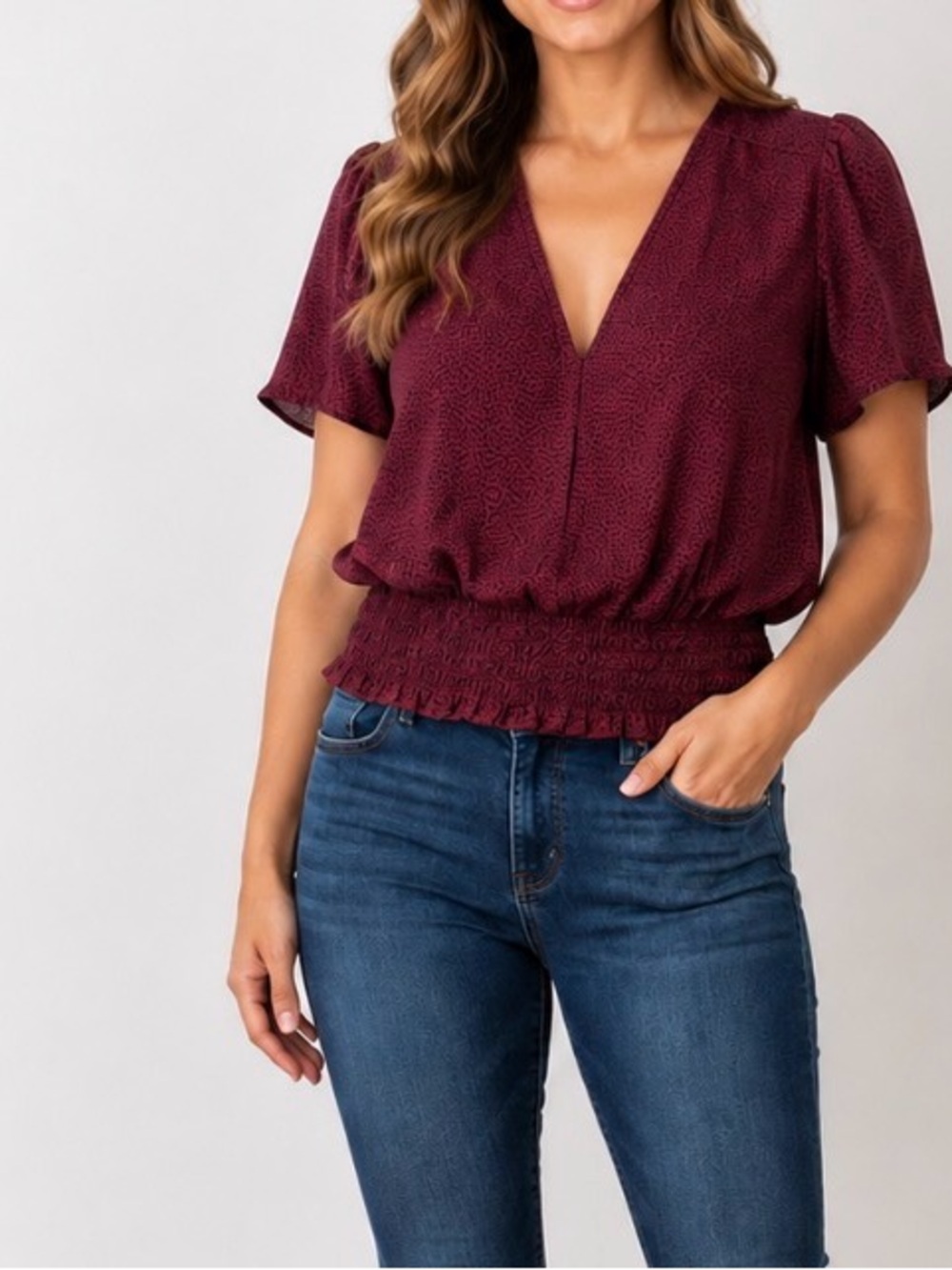 Nine Britton Women's Burgundy V-Neck Smocked-Hem Top SZ XL